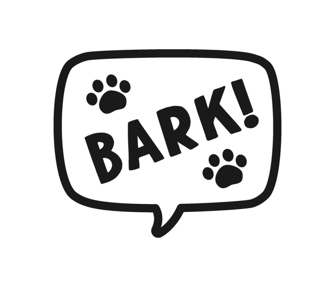 bark text i en Tal bubbla ballong översikt klotter linje konst. söt tecknad serie serier hund ljud effekt och text. vektor illustration.