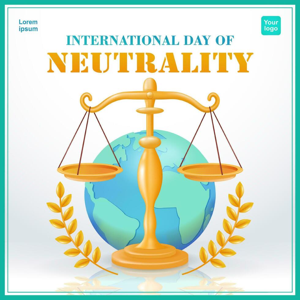 International Neutralität Tag, ausgewogen Waage von Gerechtigkeit gerahmt durch Gold Blatt auf Erde Hintergrund. 3d Vektor, geeignet zum Veranstaltungen, Gesetz, Gerechtigkeit und Design Elemente vektor