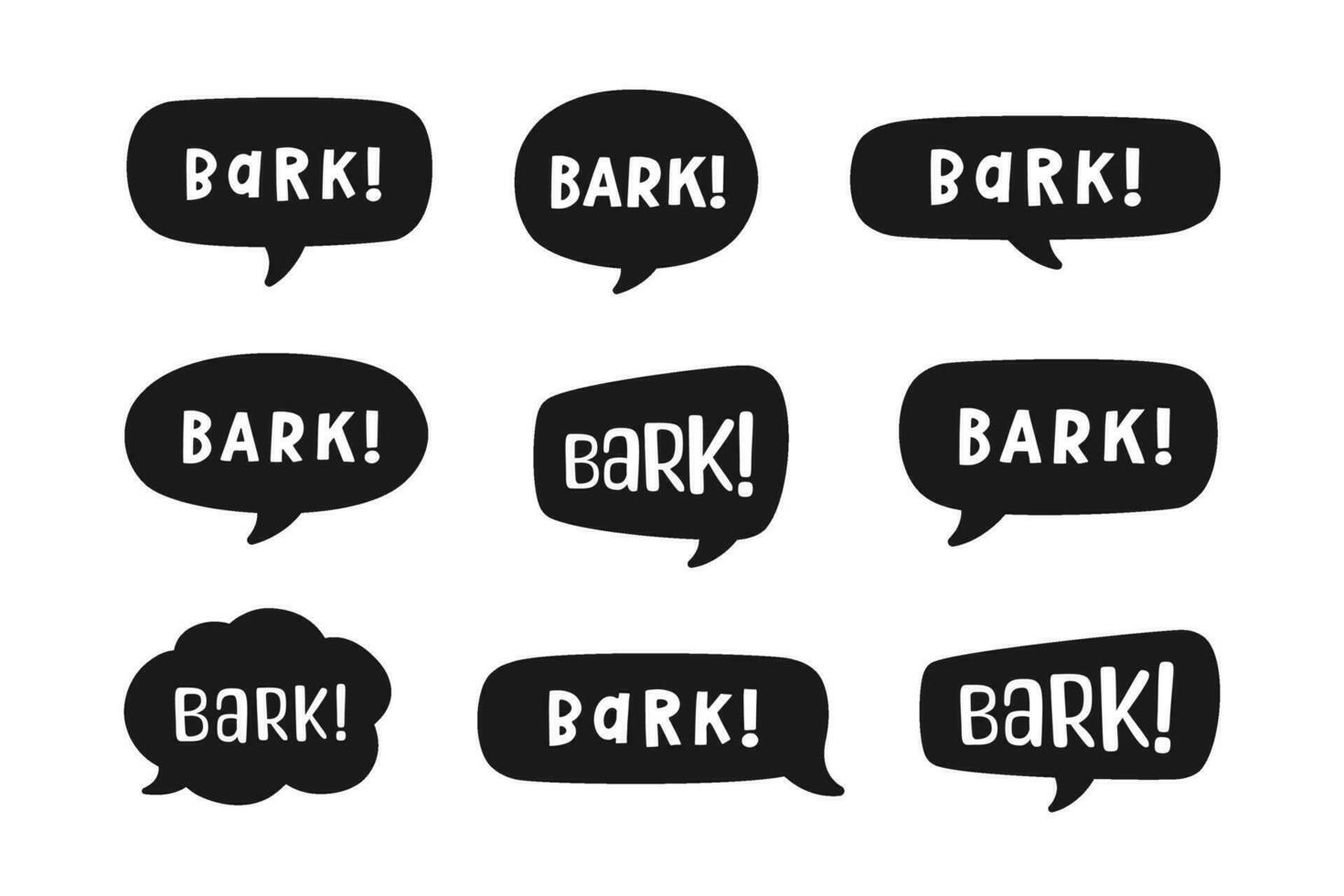 bark text i en Tal bubbla ballong silhuett uppsättning. söt tecknad serie serier hund ljud effekt och text. vektor illustration.