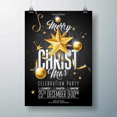 Merry Christmas Party Flyer Illustration med guldprydnader vektor