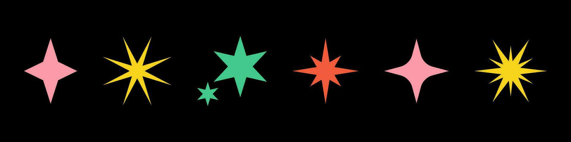 Vektor retro einstellen von Acid futuristisch funkeln Symbole. Sammlung von bunt Star Formen. y2k abstrakt Sterne. abstrakt cool scheinen 90er Jahre Zeichen zum Poster oder Banner Design.