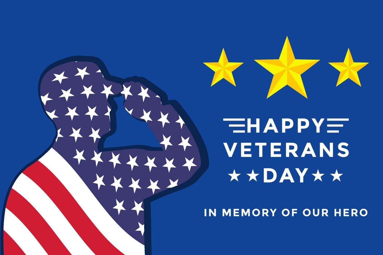 Vektor-Veteranen-Tag mit amerikanischer Flagge in Silhouette Soldat salutieren und mit goldenen Sternen vektor