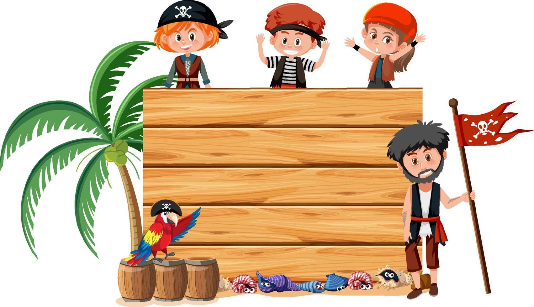 viele Piratenkinder mit einem leeren Banner lokalisiert auf weißem Hintergrund vektor