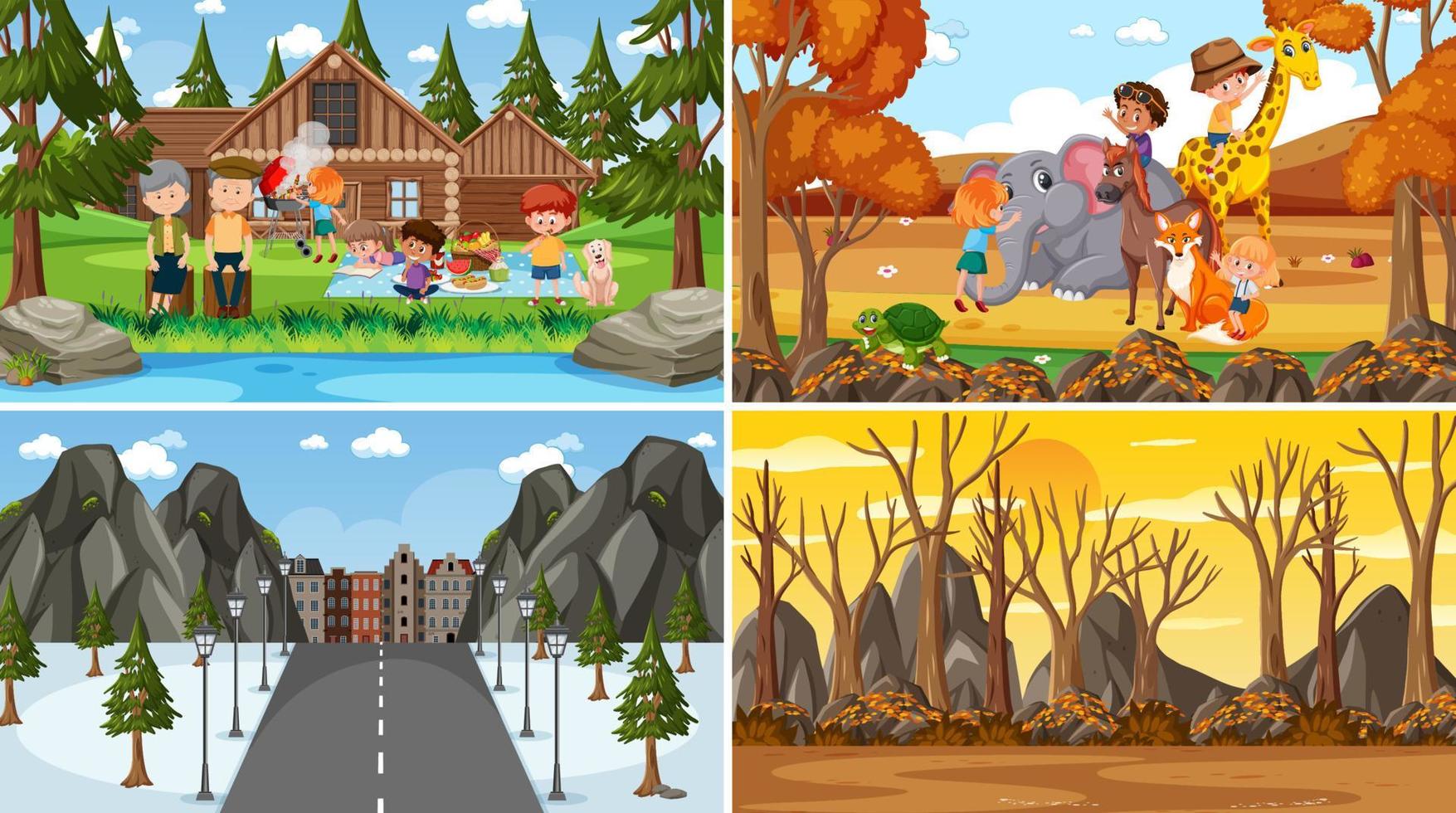 vier verschiedene Szenen mit Kinderzeichentrickfigur vektor