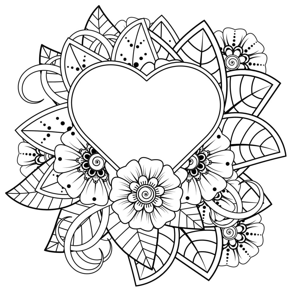 mehndi blomma med ram i form av hjärta, doodle prydnad vektor