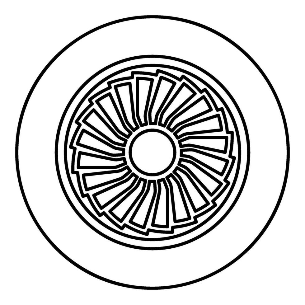 Turbine Flugzeug Turbomaschine Jet Motor Flugzeug Motor- Ventilator Flugzeug Kontur Gliederung Linie Symbol schwarz Farbe Vektor Illustration Bild dünn eben Stil