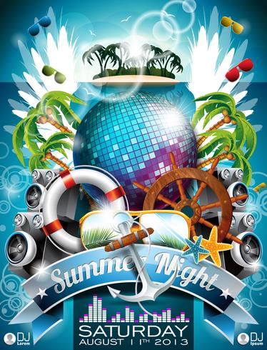 Vector Summer Beach Party Flygdesign med disco boll och fraktelement