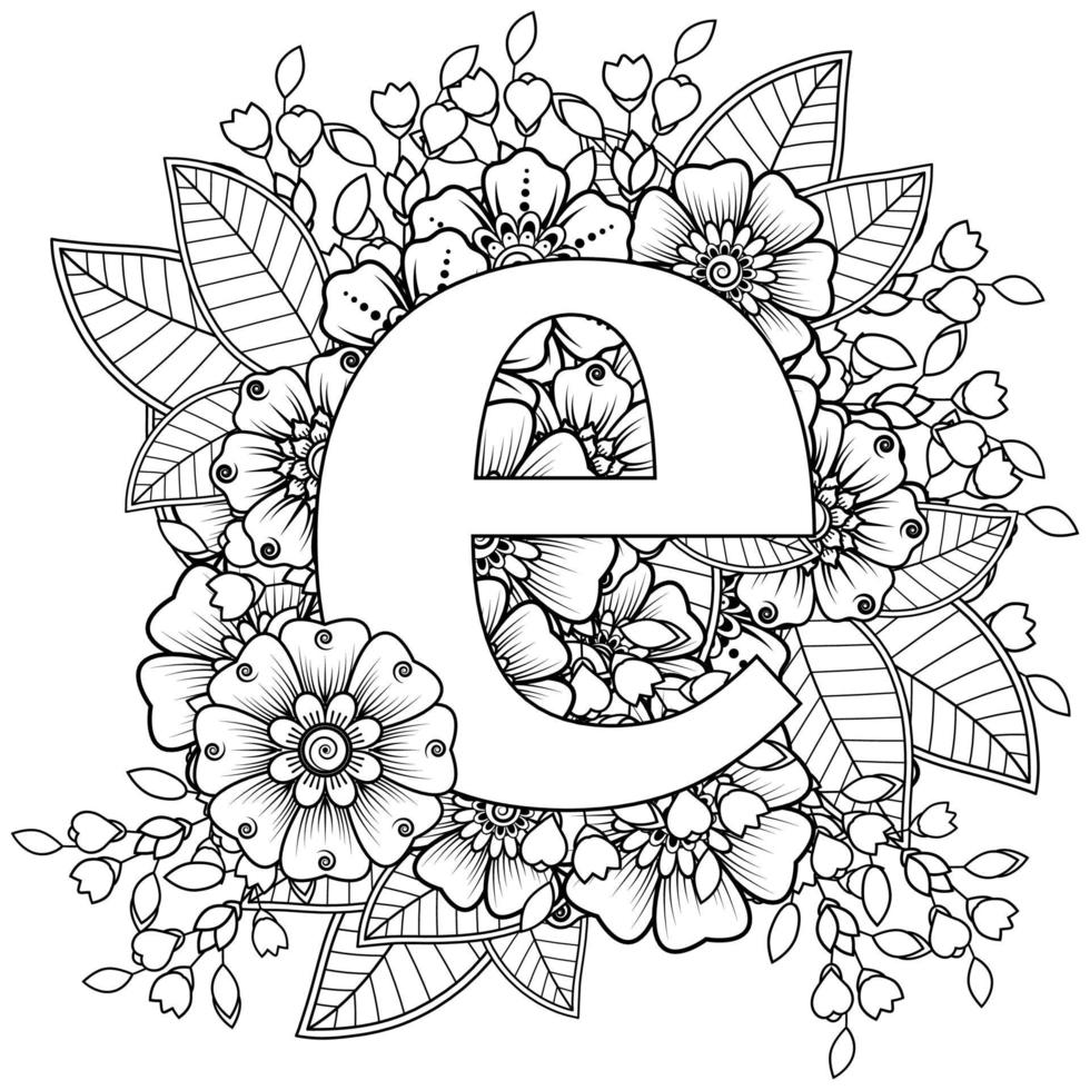 Buchstabe e mit Mehndi-Blume. dekoratives Ornament im ethnischen Orientalen vektor