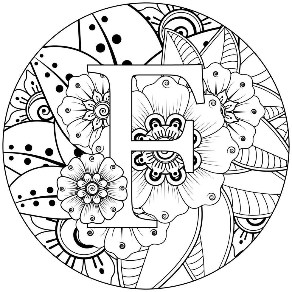 Buchstabe f mit Mehndi-Blume. dekoratives Ornament im ethnischen Orientalen vektor