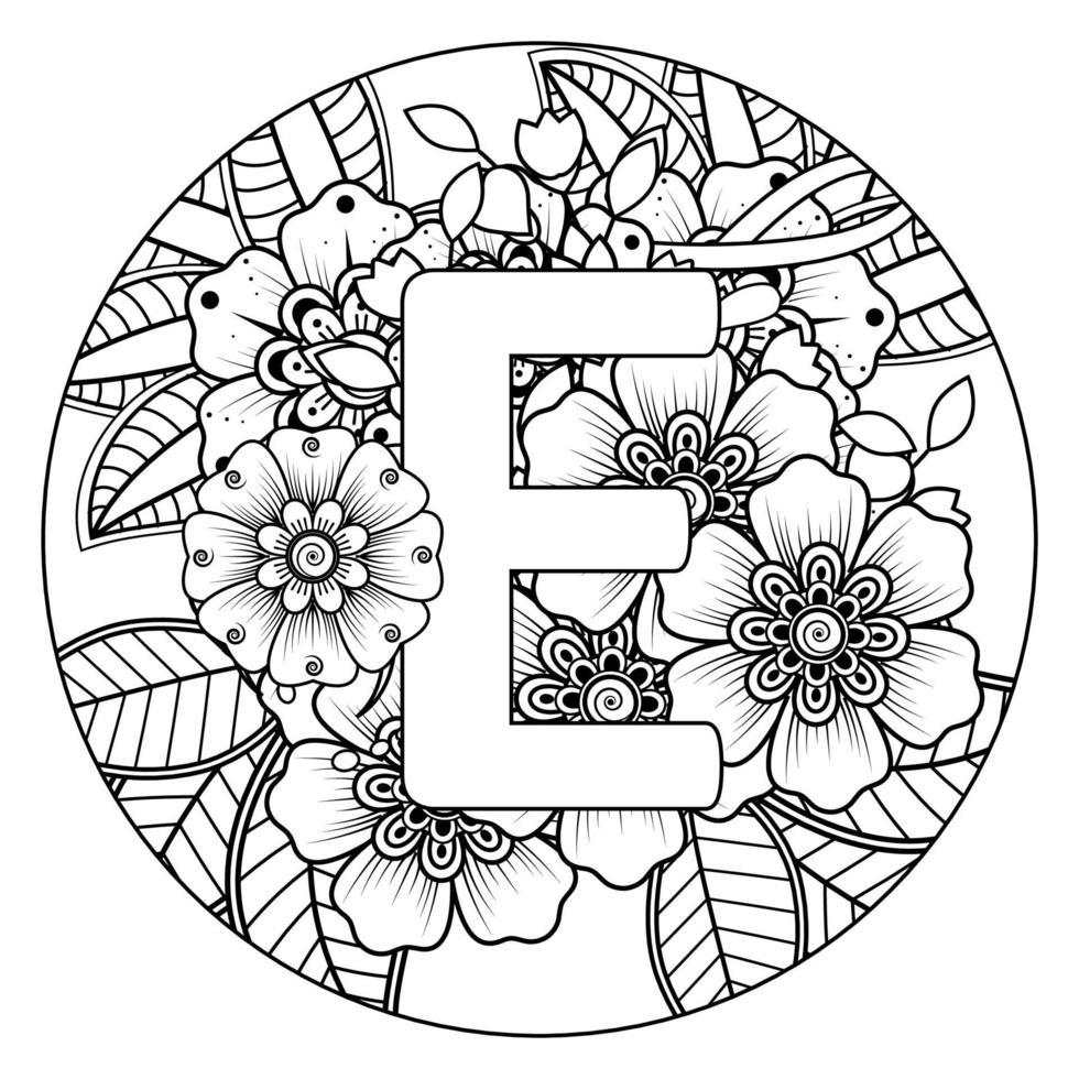 bokstaven e med mehndi blomma. dekorativ prydnad i etnisk orientalisk vektor