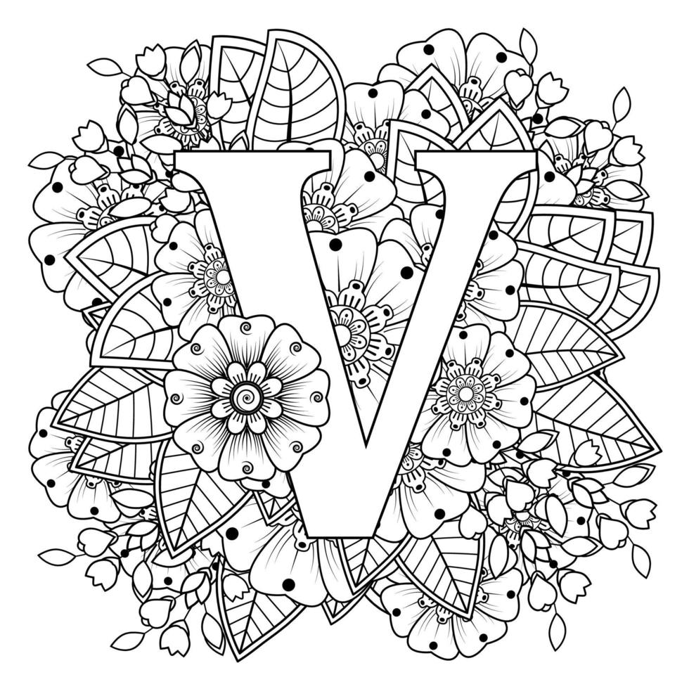 Buchstabe V mit Mehndi-Blume. dekoratives Ornament im ethnischen Orientalen vektor