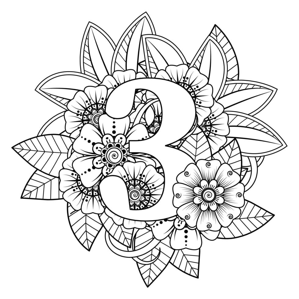 Nummer 3 mit Mehndi-Blume. dekoratives Ornament im ethnischen Orient. vektor