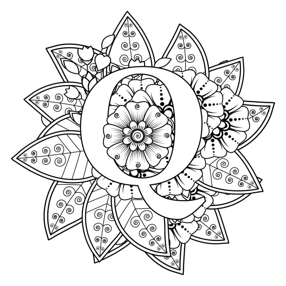 bokstaven q med mehndi -blomma. dekorativ prydnad i etnisk orientalisk vektor