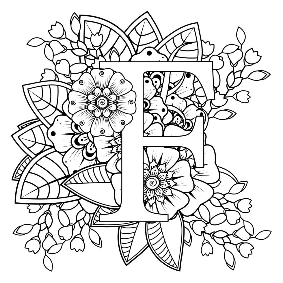 Buchstabe f mit Mehndi-Blume. dekoratives Ornament im ethnischen Orientalen vektor