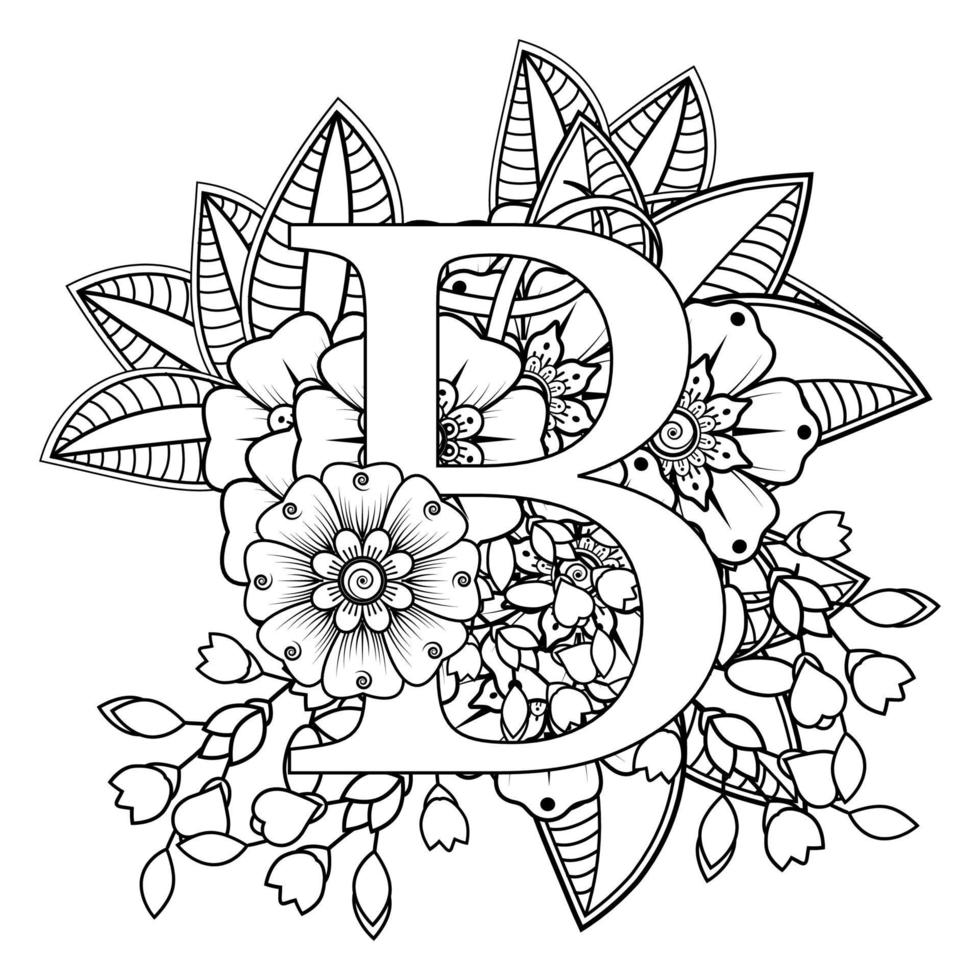 bokstav b med mehndi blomma. dekorativ prydnad i etnisk orientalisk vektor