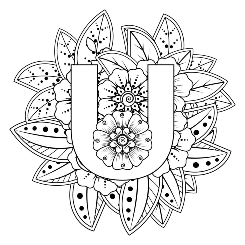 Buchstabe u mit Mehndi-Blume. dekoratives Ornament im ethnischen Orientalen vektor