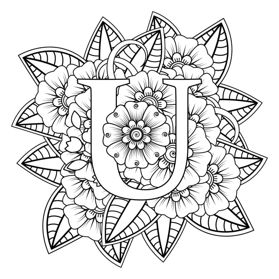 Buchstabe u mit Mehndi-Blume. dekoratives Ornament im ethnischen Orient. vektor