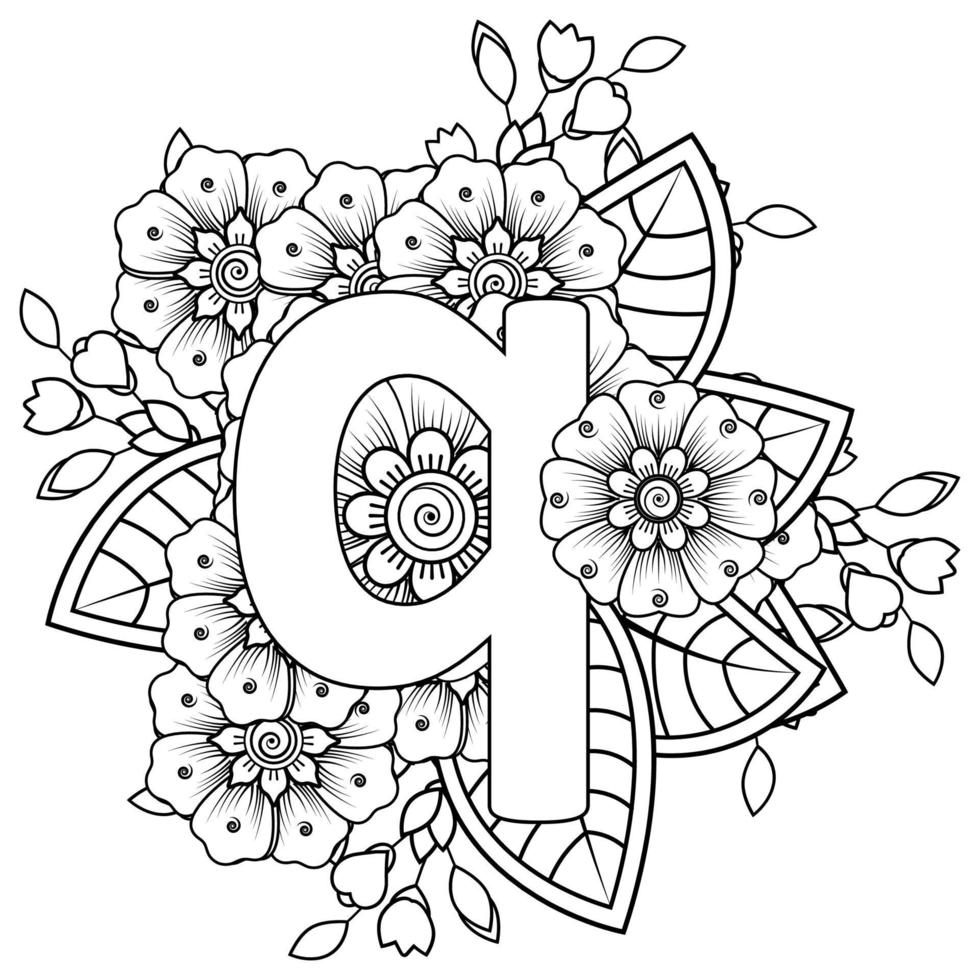 Buchstabe q mit Mehndi-Blume. dekoratives Ornament im ethnischen Orientalen vektor