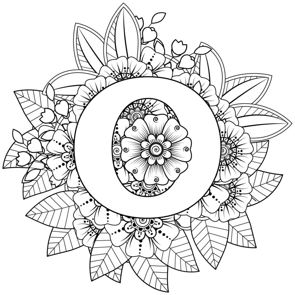 Buchstabe o mit Mehndi-Blume. dekoratives Ornament im ethnischen Orientalen vektor