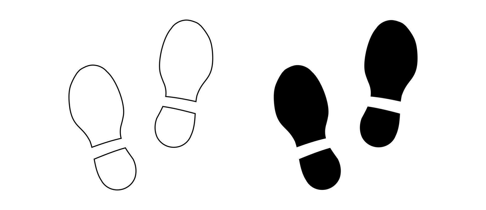 mänsklig sko fotspår. par av grafik av stövlar. vänster och rätt ben. sko enda. gående fot steg. silhuett och kontur. svart vektor isolerat på vit. ikon, symbol, piktogram.