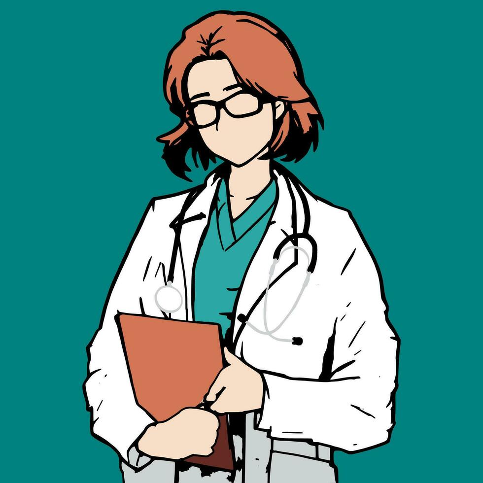 weiblich Arzt tragen ein Gesicht Maske mit Stethoskop. Medizin und Gesundheitswesen isoliert auf Grün Hintergrund vektor