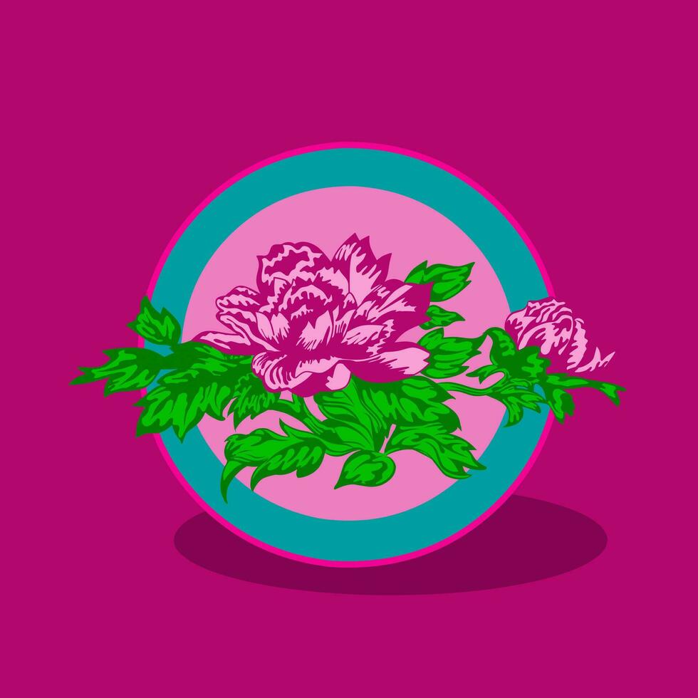 reste sig blommor och löv i en cirkel ram på en rosa bakgrund. vektor