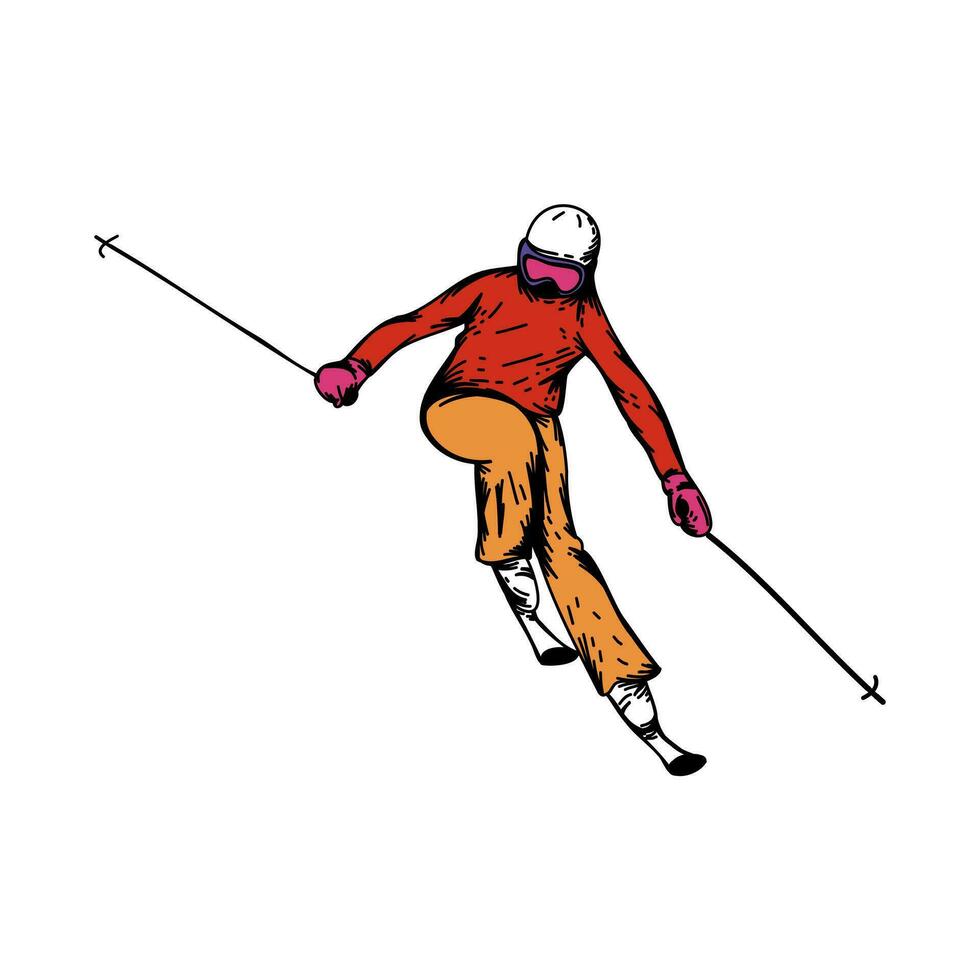 Vektor Illustration von Ski Fahrer isoliert auf Weiß Hintergrund. Winter Urlaub - - Skifahrer. schwarz Tinte Hand gezeichnet Linie skizzieren Stil.