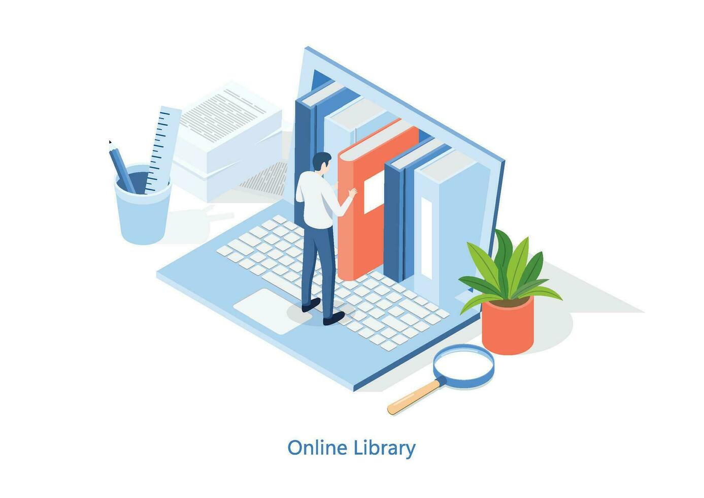 isometrisch Bildung online Studie Konzept Technologie Wissen Design Netz E-Learning und Buch Bibliothek Vektor Illustration.