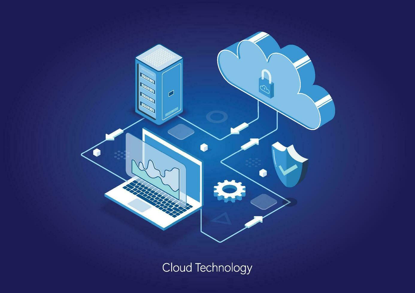 isometrisch modern Wolke Technologie und Vernetzung, groß Daten fließen wird bearbeitet Konzept. Wolke Service, Wolke Lager Netz Wolke Technologie Geschäft. vektor