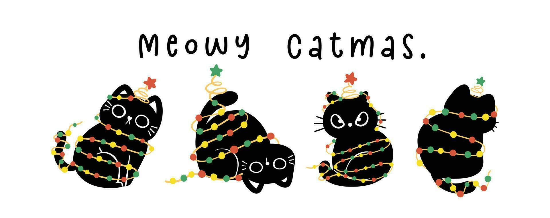 grupp av söt jul svart katter Utsmyckad med lampor, mjau kattmas, humör baner och hälsning kort, rolig och lekfull tecknad serie illustration. vektor