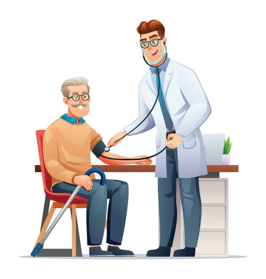 Arzt Messung Blut Druck zu Alten geduldig im Ärzte Büro. Gesundheitswesen medizinisch Untersuchung Konzept. Vektor Karikatur Charakter Illustration