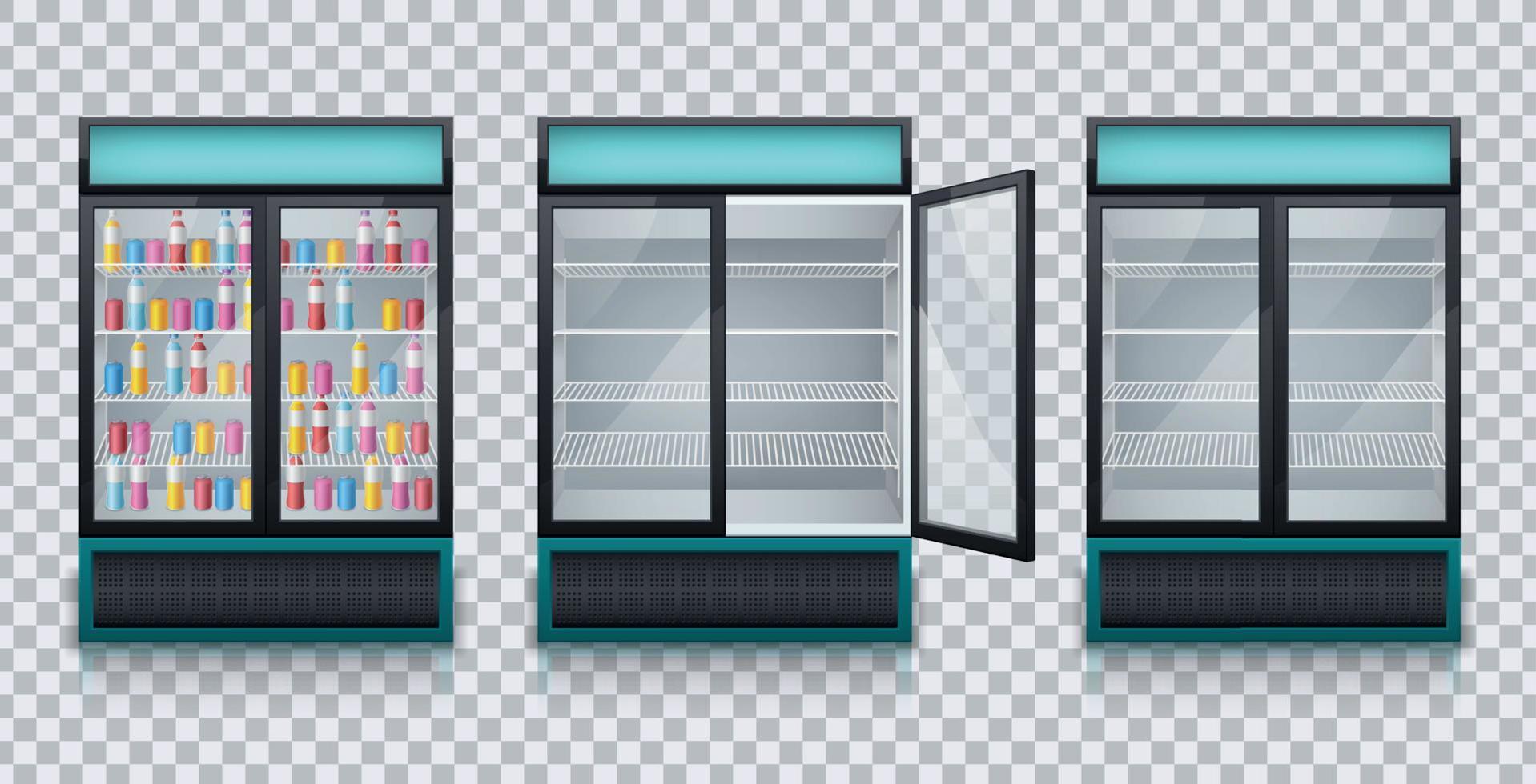 drycker kylskåp realistisk transparent uppsättning vektor