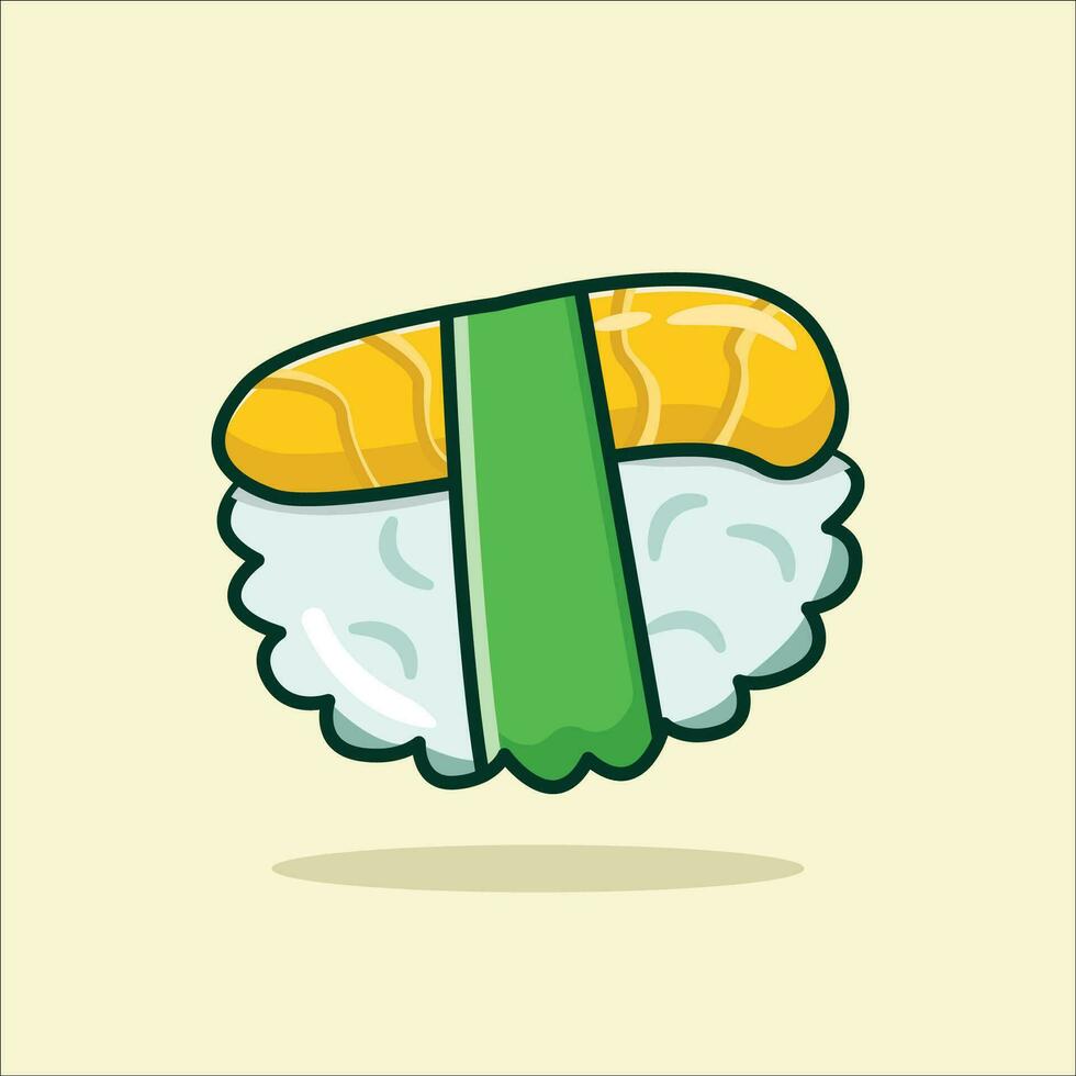 Tamago Sushi Vektor Symbol Illustration. Tamago Sushi Essen Symbol Konzept Gelb Sanft isoliert. eben Karikatur Stil geeignet zum Netz Landung Buchseite, Banner, Flyer, Aufkleber, Karte, Hintergrund