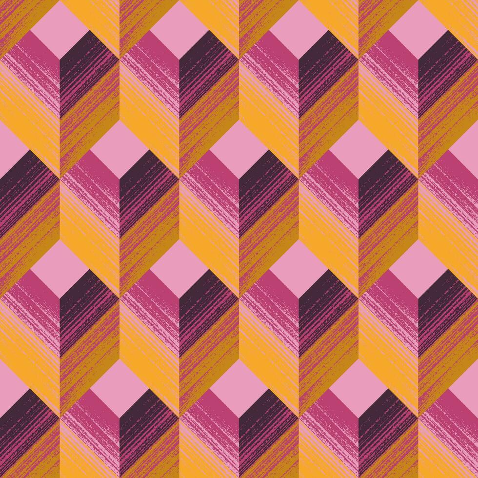 abstrakt geometrisk sömlös mönster av texturerad kvadrater och chevrons i gul, rosa, lila, magenta och senap färger. modern ljus regelbunden design för tapeter, omslag, Produkter vektor