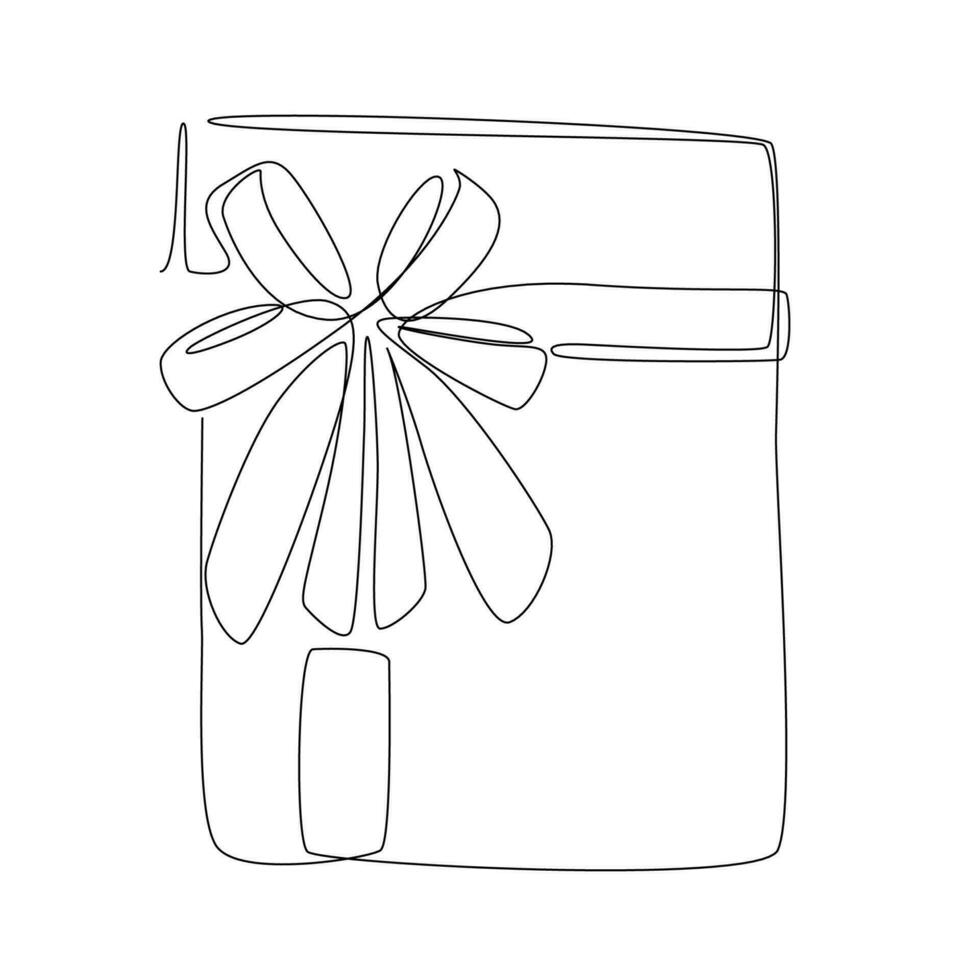 kontinuierlich einer Linie Zeichnung von Geschenk Box mit Bogen. Single Linie zeichnen im einfach linear Stil. Hand gezeichnet Gekritzel Vektor Illustration