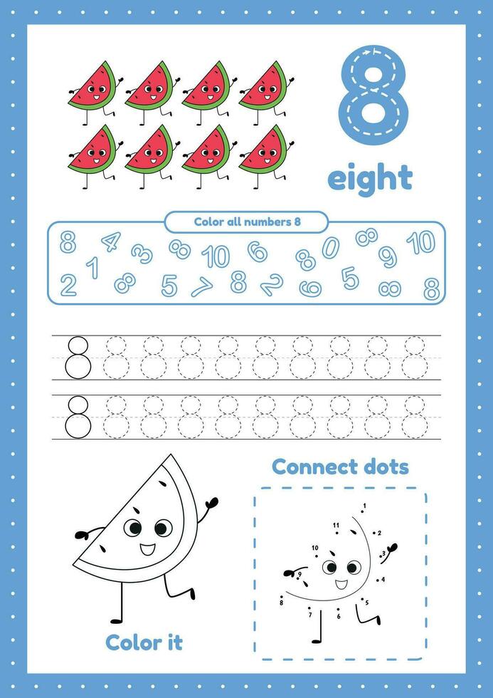 många spel på ett sida för förskola ungar. Färg sida, punkt till punkt, spår. inlärning siffra 8 vektor