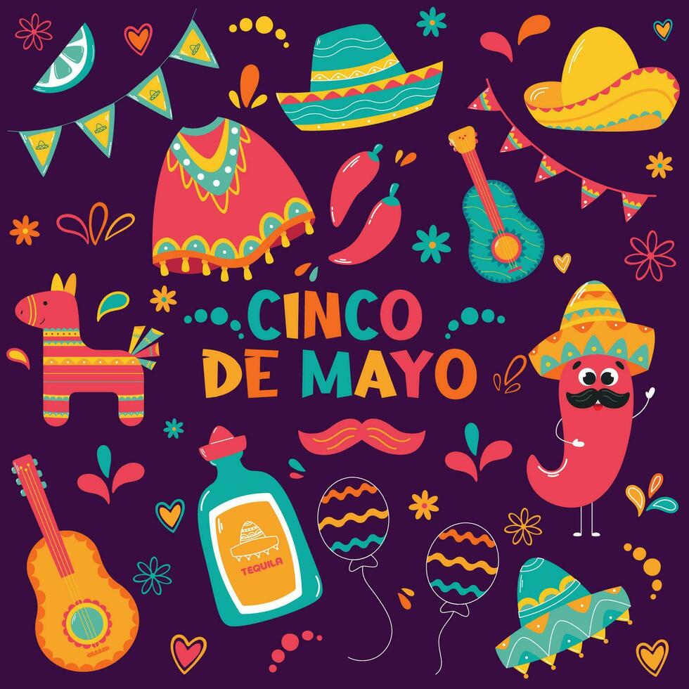 cinco de majonnäs. mexikansk Semester firande element. platt stil. uppsättning av objekt med pinata, sambrero, chili, tequila, kalk, flaggor. vektor illustration