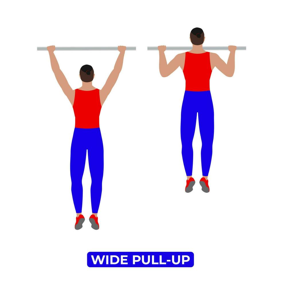Vektor Mann tun breit ziehen hoch. Körpergewicht Fitness zurück trainieren Übung. ein lehrreich Illustration auf ein Weiß Hintergrund.
