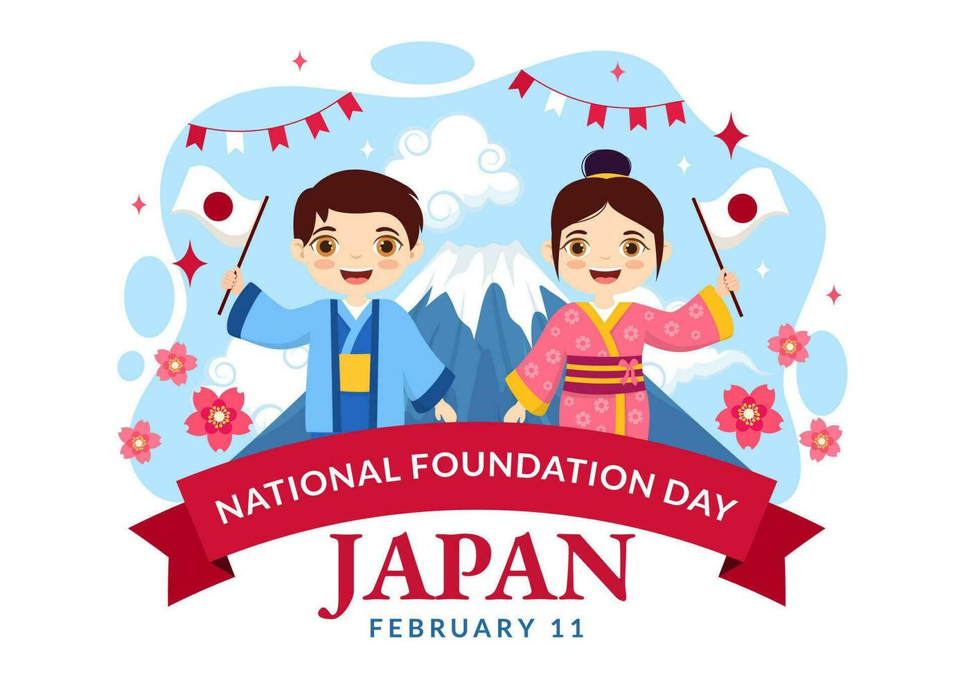 glücklich Japan National Stiftung Tag Vektor Illustration auf Februar 11 mit berühmt japanisch Sehenswürdigkeiten und Flagge im eben Kinder Karikatur Hintergrund