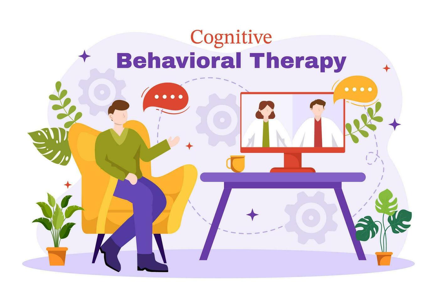 cbt eller kognitiv beteendemässiga terapi vektor illustration med person klara av deras problem känslor, depression eller attityd i mental hälsa bakgrund