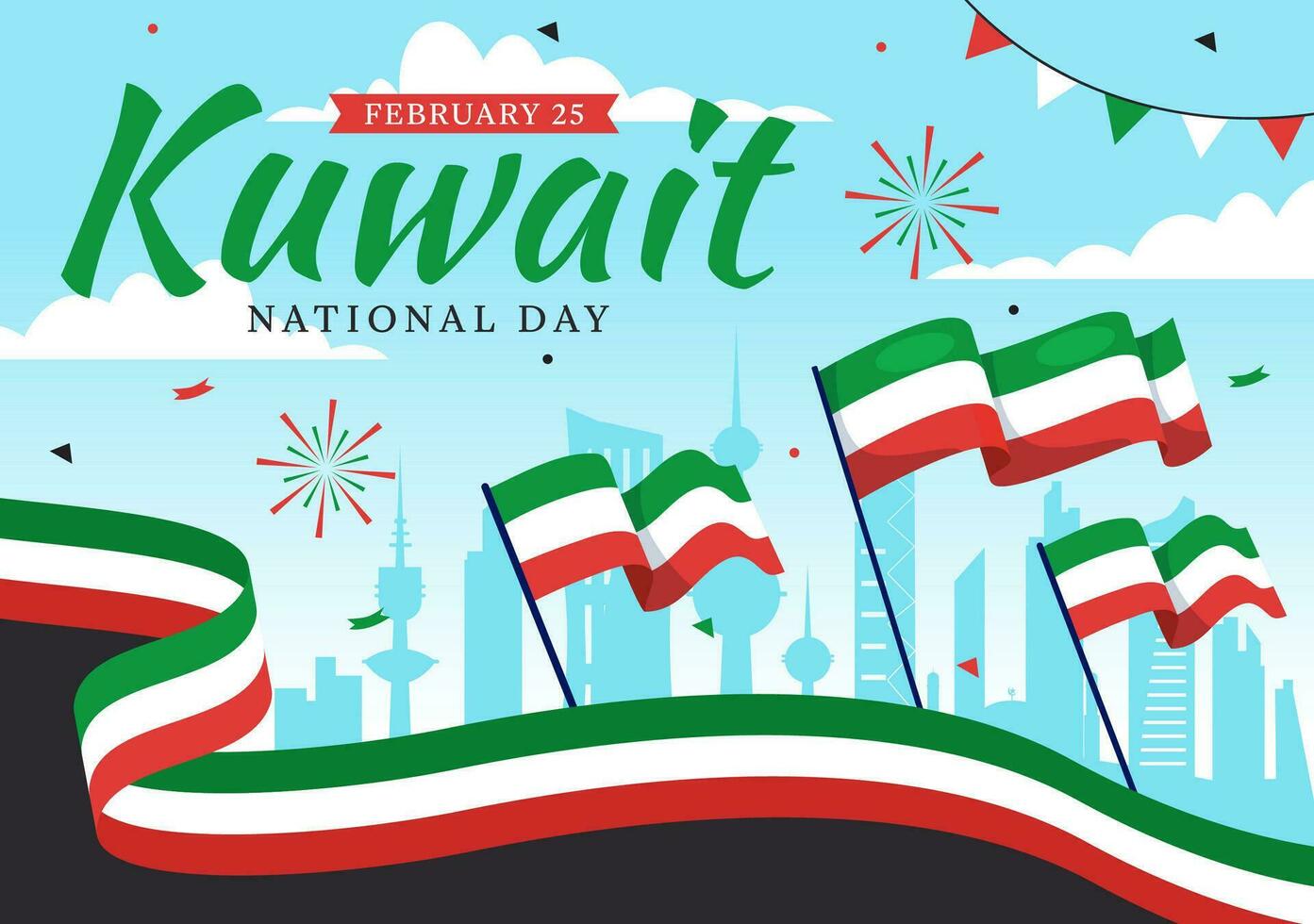 National Kuwait Tag Vektor Illustration auf Februar 25 mit Wahrzeichen, winken Flagge und Unabhängigkeit Feier im eben Karikatur Hintergrund