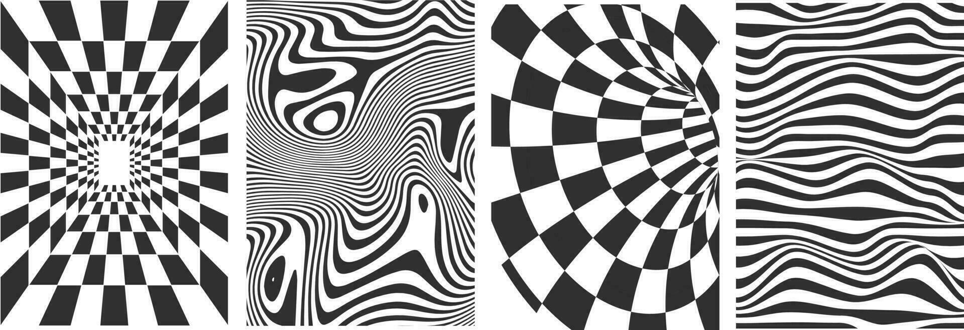 uppsättning av svart och vit former, bakgrunder med Vinka mönster. mallar för baner, omslag, affisch, vykort. abstrakt svart och vit böjd mönster isolerat på vit bakgrund. optisk 3d konst. vektor