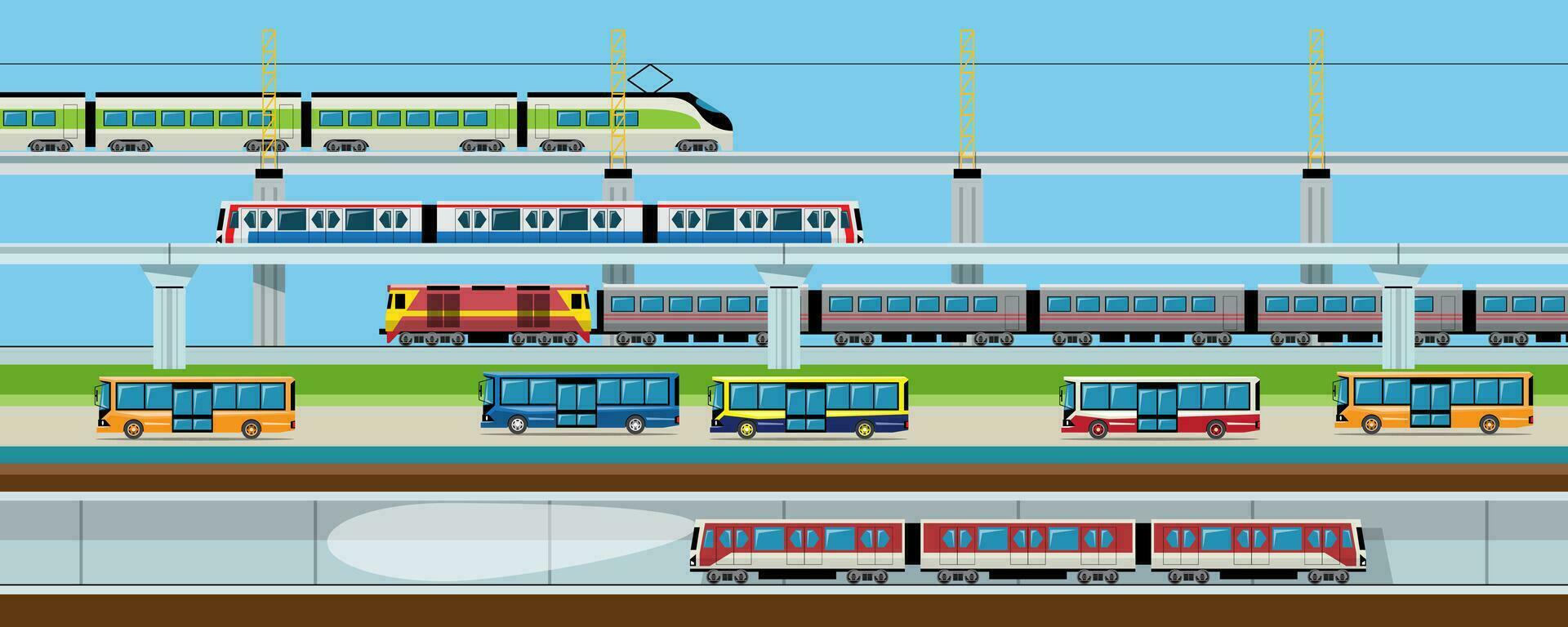 Bus Zug Skytrain und U-Bahn oder unter Tage. vektor