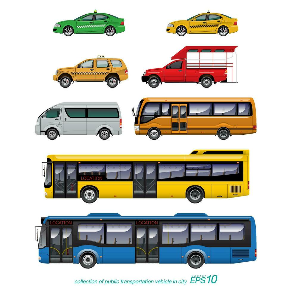 einstellen von Öffentlichkeit Transport Fahrzeug im Stadt, Taxi, Lieferwagen, Bus vektor