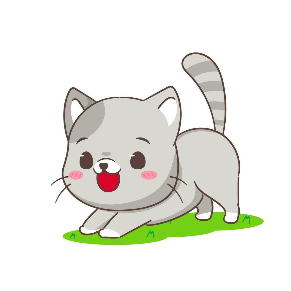 süß Katze Karikatur Charakter. Chibi bezaubernd Tier Konzept Design. isoliert Weiß Hintergrund. Vektor Kunst Illustration.