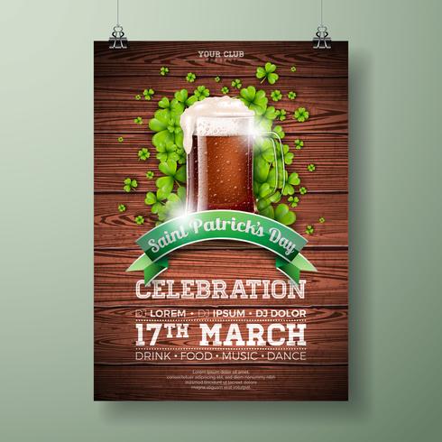 St Patrick&#39;s Day Party Flyer Illustration med färska mörka öl och klöver vektor