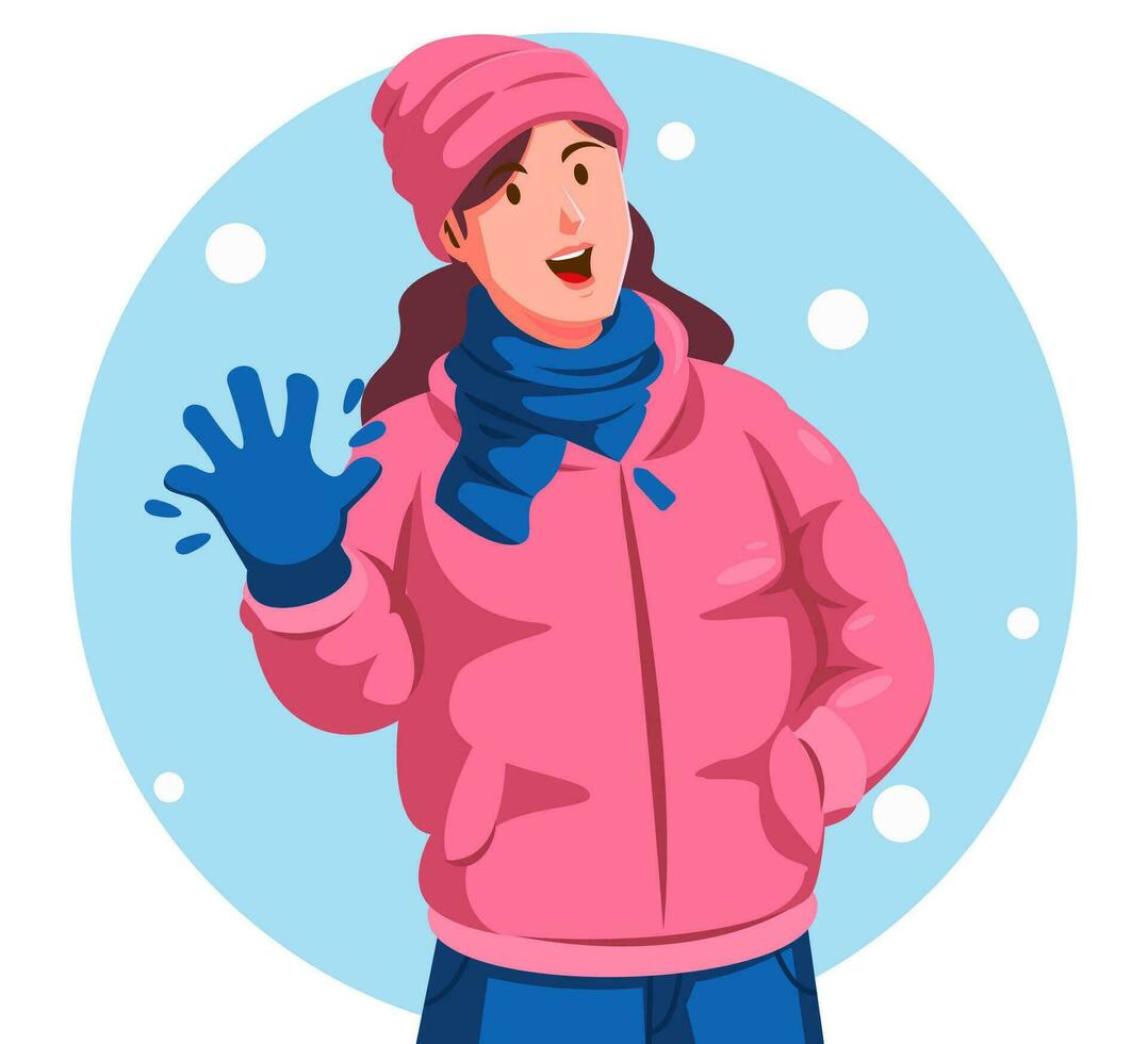 Illustration von ein Frau tragen Winter Kleider winken seine Hand vektor