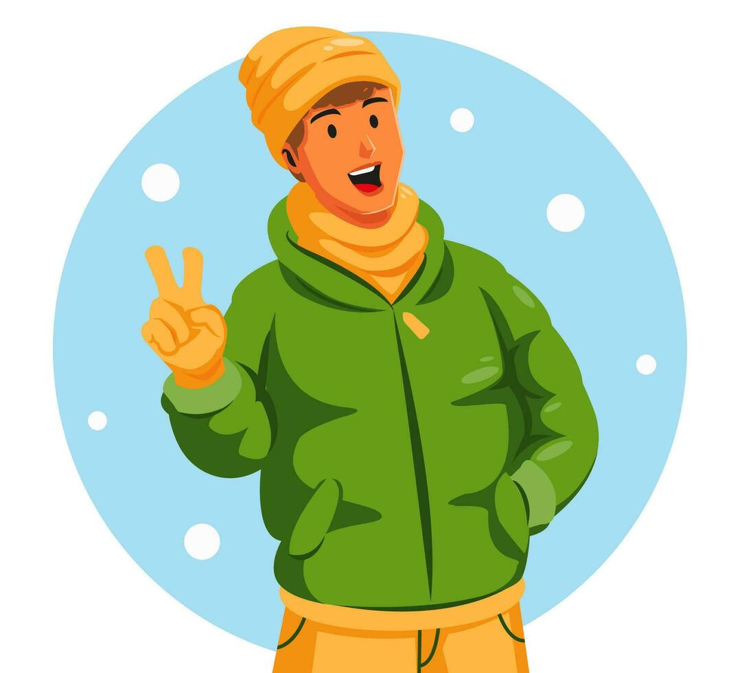 Karikatur Illustration von ein Mann tragen Winter Kleider zeigen Frieden Zeichen vektor