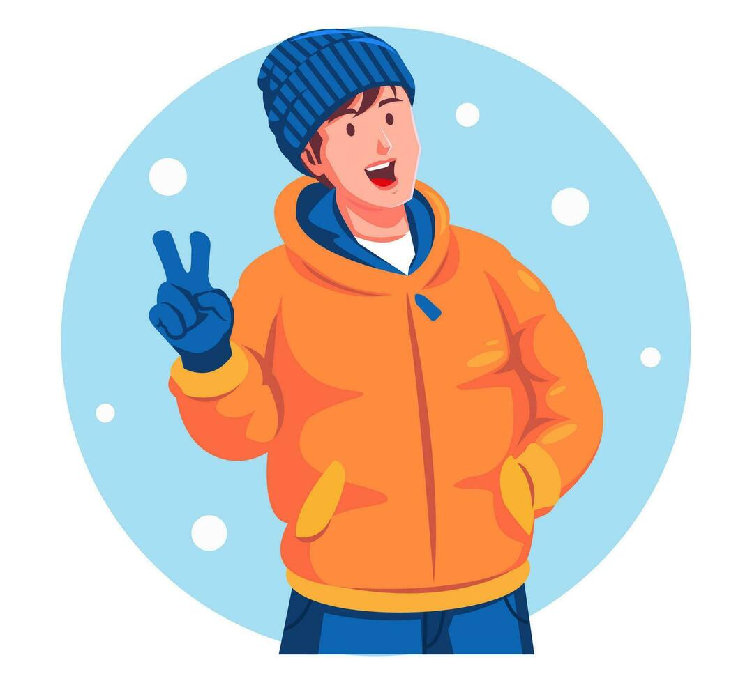 illustration av en man bär vinter- kläder som visar fred tecken med både händer vektor