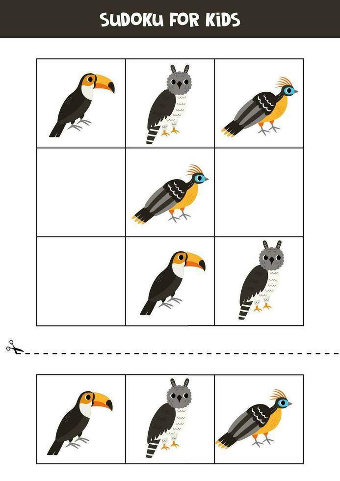 lehrreich Sudoku Spiel mit süß Süd amerikanisch Vögel. vektor